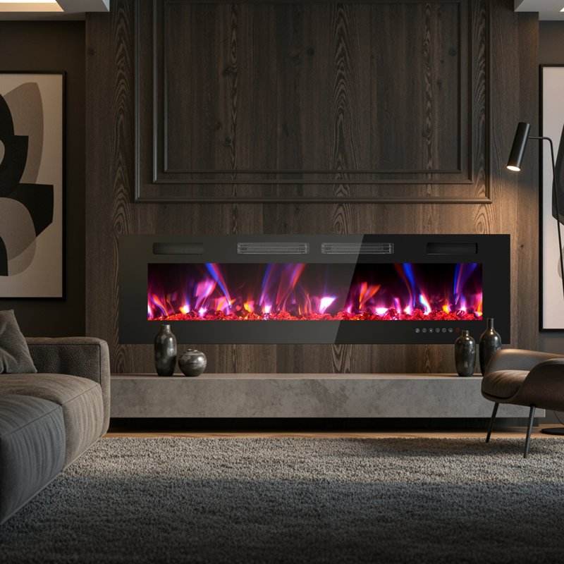 Foyer électrique encastré et mural 60 po l 60 po avec double évents, H 18 po x l 60 po x P 3,15 po