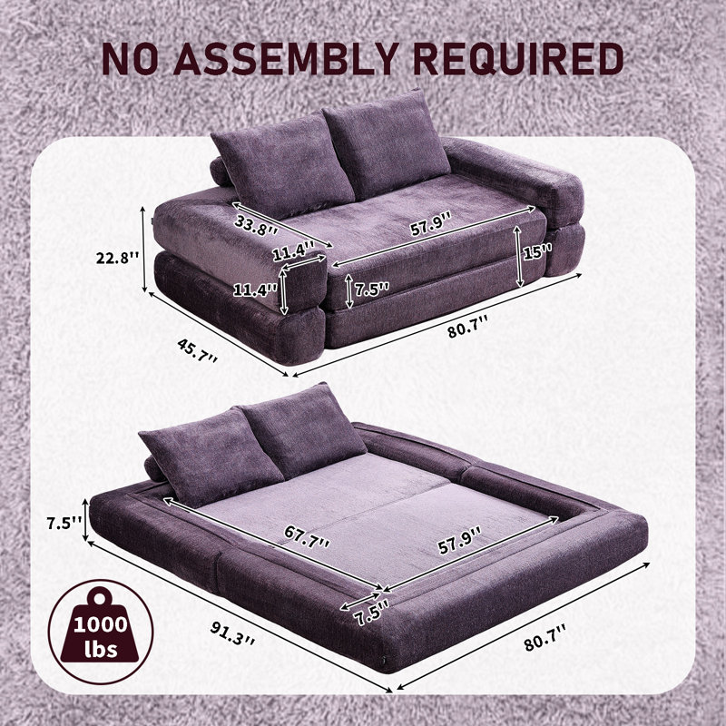 Frameless Boneless Loveseat Sofa‑Bed Split‑Back Convertible Queen‑Size Sleeper Compressed Chenille Foam Couch No Assembly