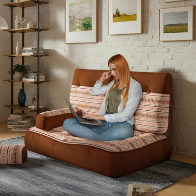 Ensemble de canapé de sol 3 pièces – Coussins imprimés Ice Cloud Plush et Lisle Velvet avec dossier et accoudoirs | Système d'assise de sol discret, motif ethnique marron chaud – Fauteuil lounge confortable pour coin lecture, rebord de fenêtre, salon et détente sur méridienne