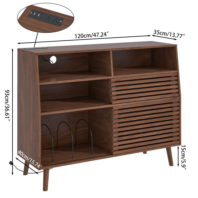 Twanna Record Player Stand With Two Sliding Doors For Record Storage, Record Player Table , Turntable Stand For Living Room, Bedroom