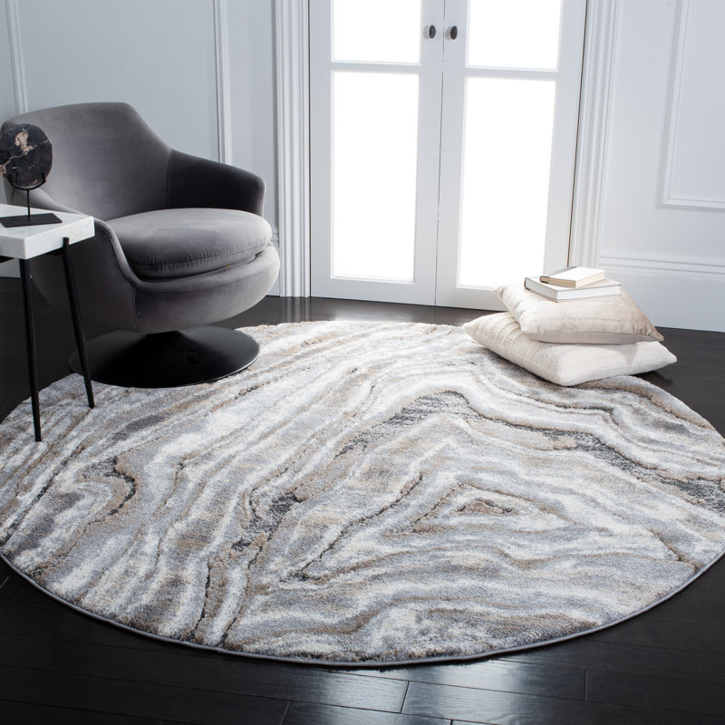Kash Abstract Beige/Gray Area Rug, Round 7'9"