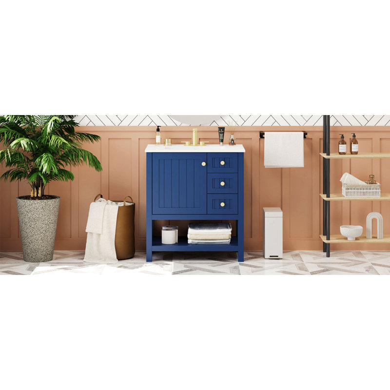 Meuble-lavabo de style transitionnel 30 po avec lavabo en céramique, Bleu / Argent