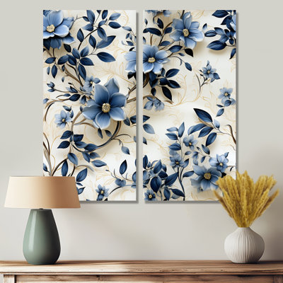 Cobalt Blue Filigree Vines Victorian Pattern  - Floral Oversized Wall Art 2-Pieces