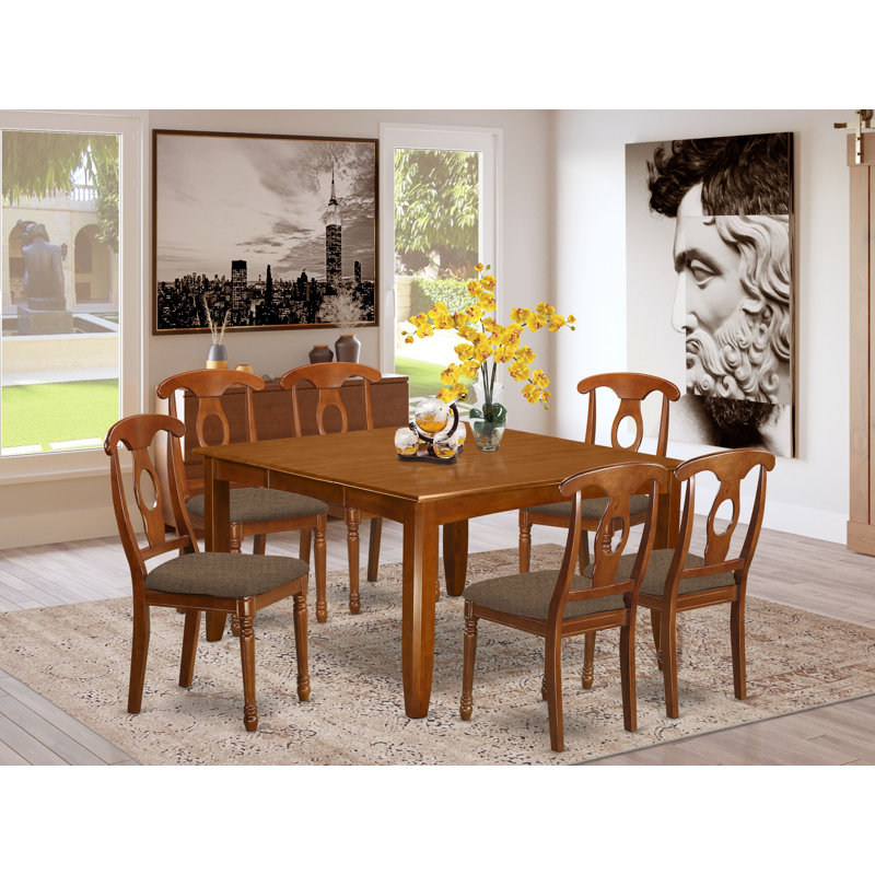 Teressa Solid Wood Top Four Leg Dining Set, 7 Pieces: 1 Table, 6 Chairs, Linen Fabric
