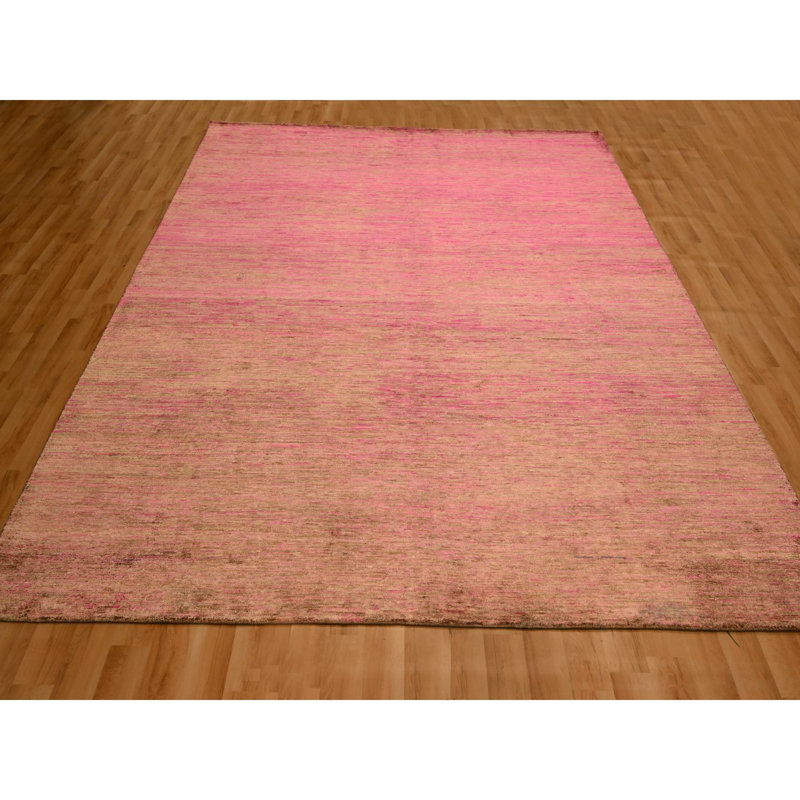 Tapis oriental rose 7 pi 9 po x 10 pi, soie sari, motif moderne, noué à la main, doux au toucher