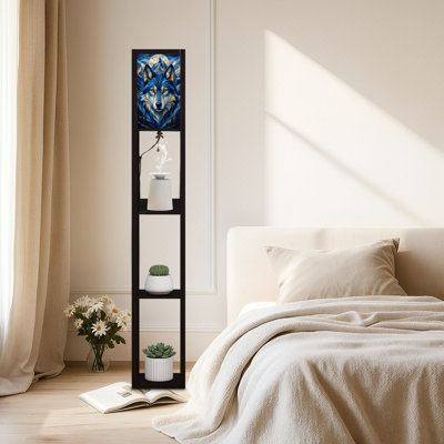 Lampe sur pied DEL à intensité variable avec motif loup bleu et forêt de montagne, structure en MDF, télécommande, 3 couleurs d'éclairage, idéal pour le salon ou la chambre.