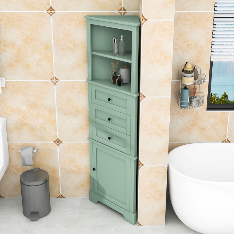 Grande armoire de coin de salle de bain autoportante avec tablettes réglables, portes et tiroirs triangulaires, Vert