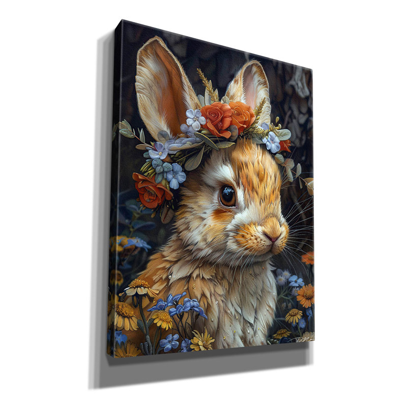 Toile épique «Lapin avec une couronne de fleurs» par Momart, H 54 po x l 40 po x P 1,5 po