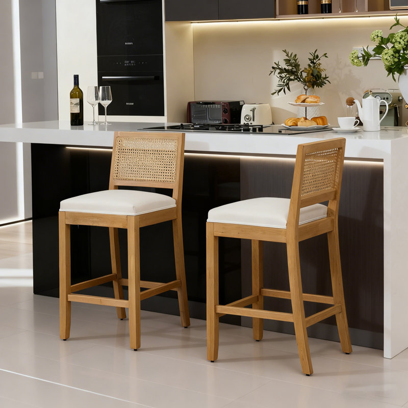 Tabouret de bar à dossier en rotin avec coussin, Beige