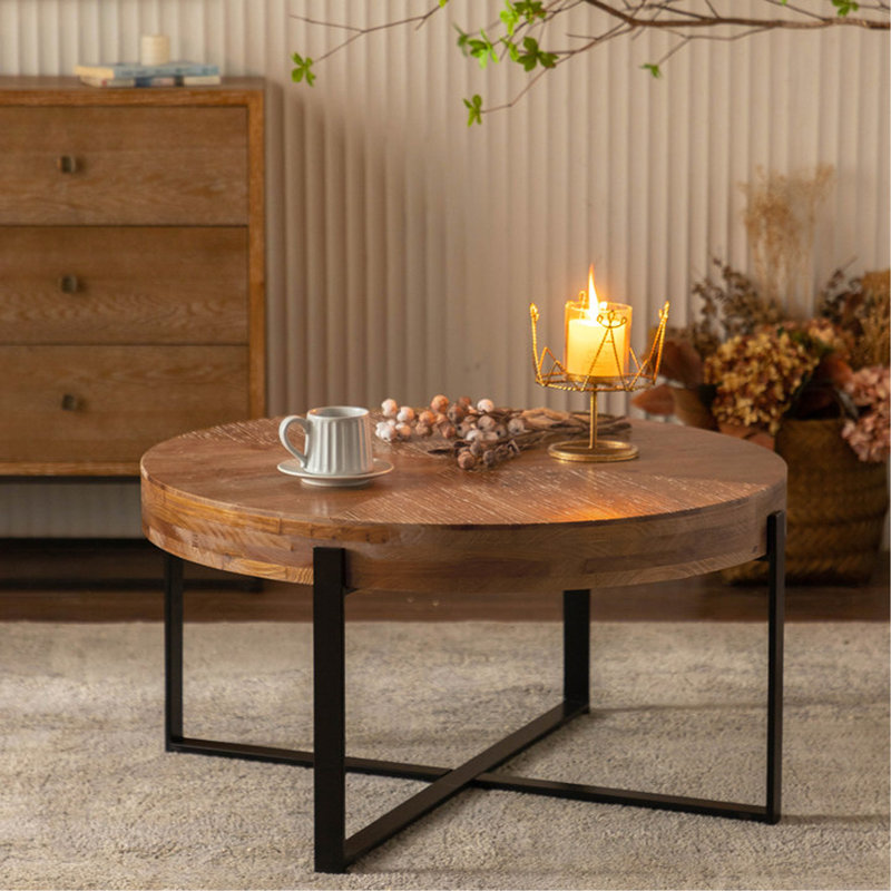 Solid Wood Top Single Coffee Table, Black, Natural, 17.91" H x 33.46" L x 33.46" W