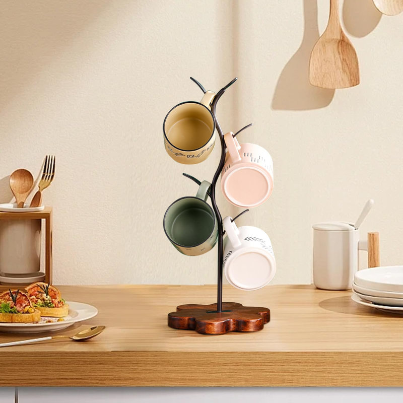 Coffee Mug Holder, Mug Tree For Counter, Leaf Shaped Mug Tree With Wooden Base, Coffee Cup Tree Holder For Countertop, Mug Rack Countertop,(Brown)