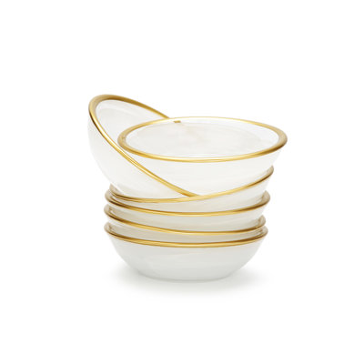 Set Of 6 Alabaster White Dip Bowls With Gold Rim- 3.75"D