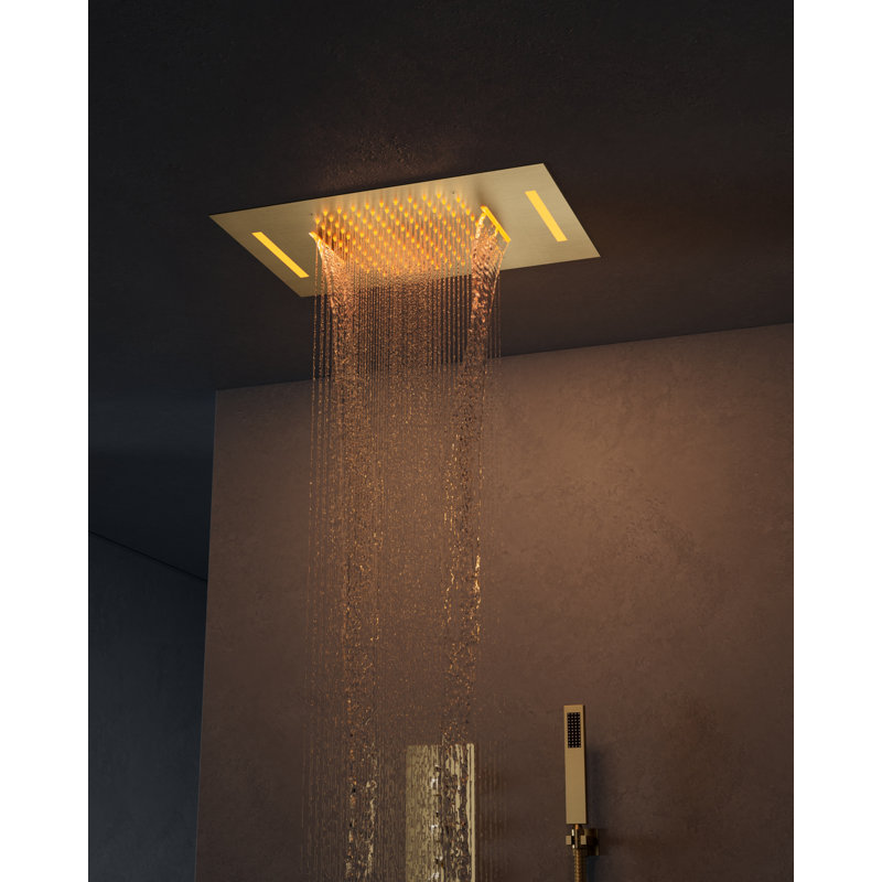 Thermostatic LED Rainfall Shower System, Ceiling Mounted Waterfall Showerhead with Handheld Spray, Brushed Gold