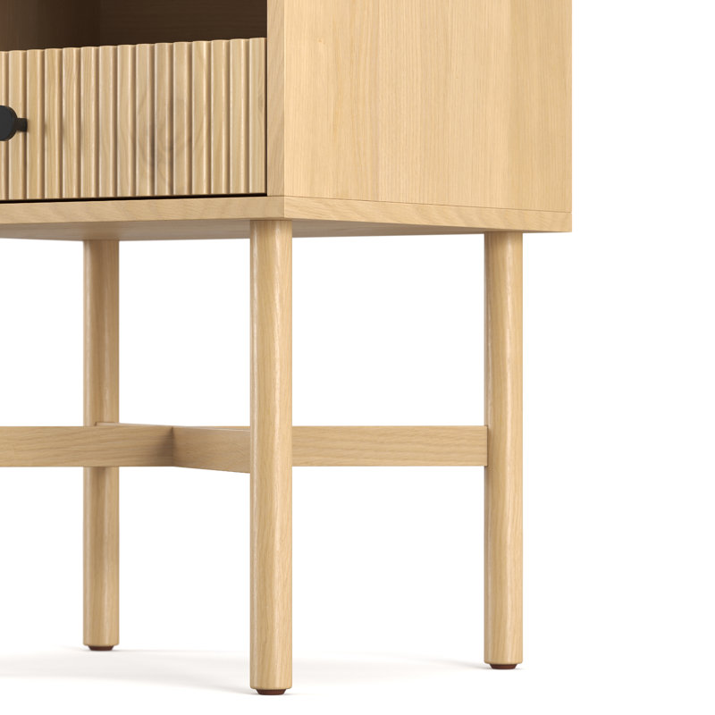 Carollo Fluted Nightstand Set Of 2 - Natural Oak With Black Knob, Natural Oak/Black