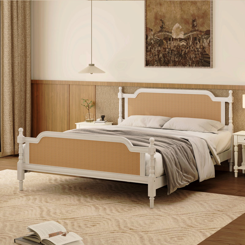 Structure de lit en rotin de style traditionnel pour grand lit, aucun sommier nécessaire, Blanc, Grand lit