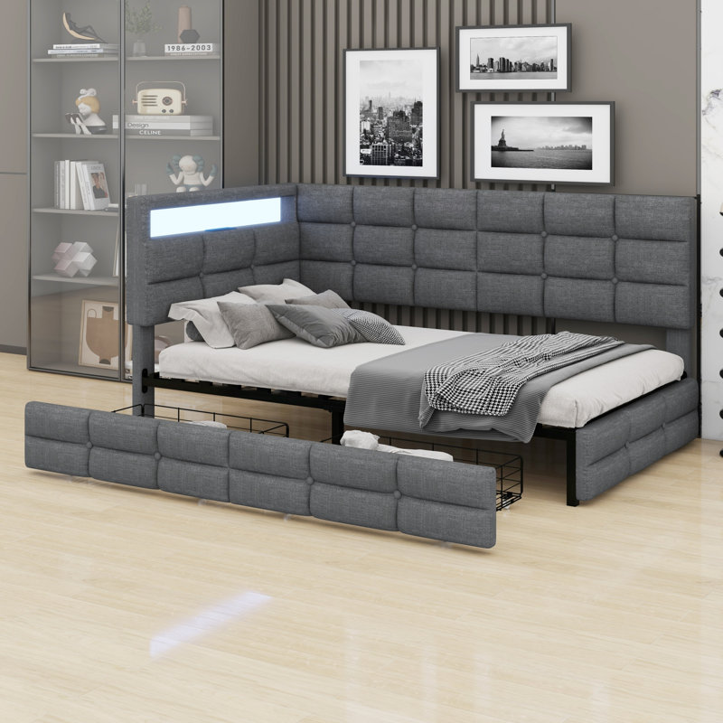 Upholstered Daybed With Storage 2 Drawers And Charging Station, Day Bed Frame With LED Lights And Storage Headboard, Gray