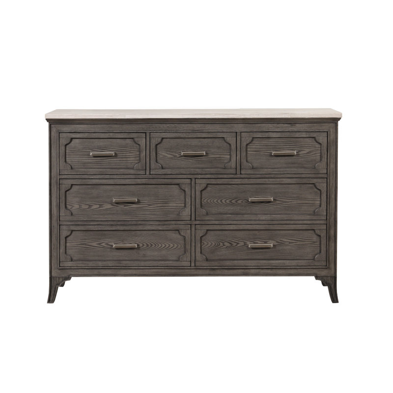 Commode Leslee, 62 po, 7 tiroirs, plateau en marbre blanc, gris vieilli