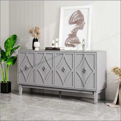 Vintage 4-Door Storage Cabinet With Hand-Carved Geometric Doors, Adjustable Shelves, And Raised Legs For Easy Cleaning