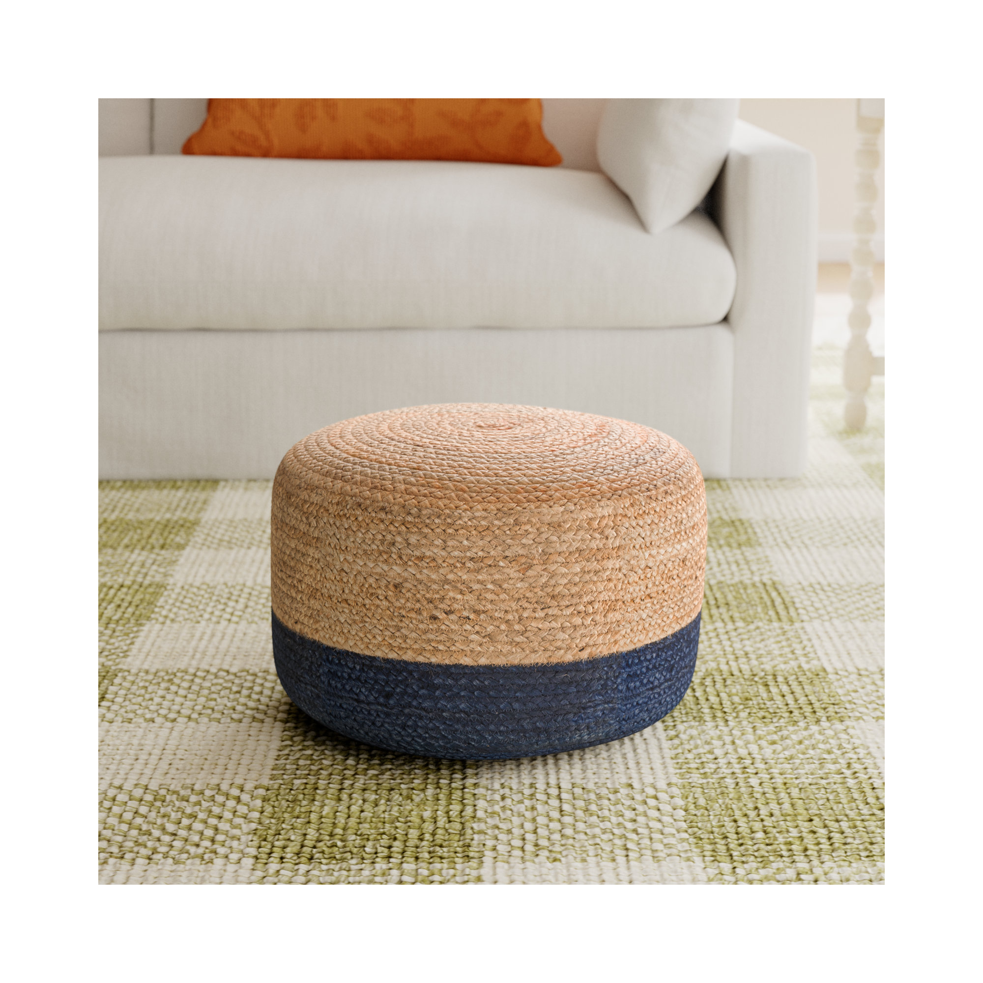 Teele 18" Wide Round Pouf Ottoman, Blue/Beige
