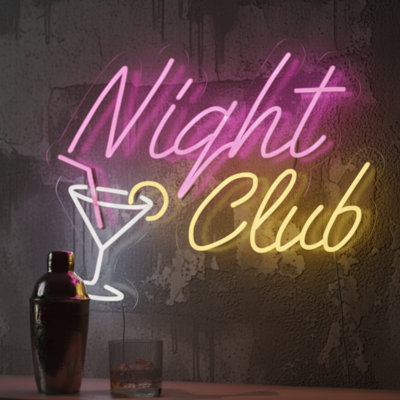  | Enseigne néon Night Club | Fabriqué avec des tubes néon flexibles de haute qualité qui émettent une lumière vive et colorée pour plus de 50 000 heures d'utilisation continue sans décoloration ni scintillement | 19 x 24 | Rose vif, jaune vif, blanc chaud