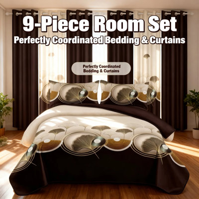 Queen Size Comforter Set 9 Pieces, All Season Luxury Bed in a Bag for Bedroom, With Matching Curtains, Soft Microfiber, Ginkgo Leaf