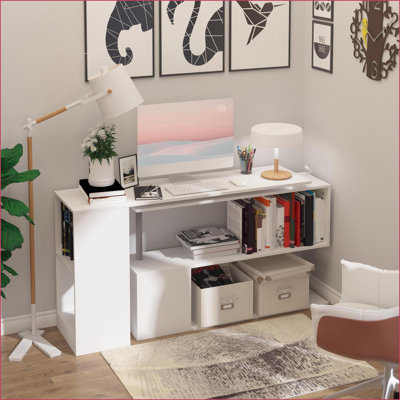 Bureaux Poste de travail de bureau moderne en L de 55 po avec conception pivotante à 360 °, 3 niveaux de rangement | Blanc | Bois d'ingénierie