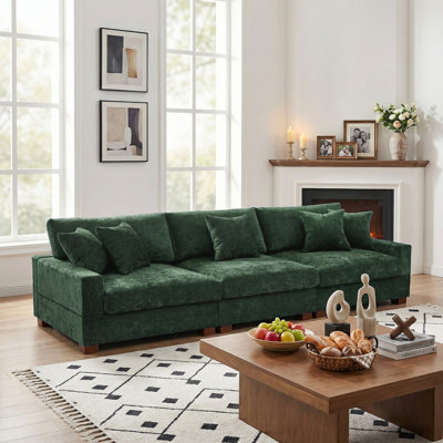 3 - Piece Upholstered Green Chenille Modular Sectional Sofa with Armrests & Throw Pillows