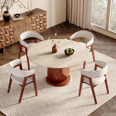Modern Natural Matte Travertine Top Kitchen Dining Table With Unique Stable Pedestal, 4 Comfortable Upholstered Chairs
