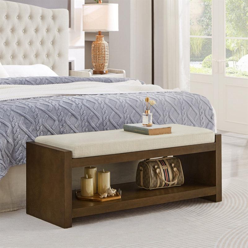 47" Accent Bench With Lower Shelf Shoe Rack, Padded Seating Bench For Living Room, Modern Compact Bed End Bench With Storage For Bedroom Seating, Removable Cushion, Brown, 47"W- Beige