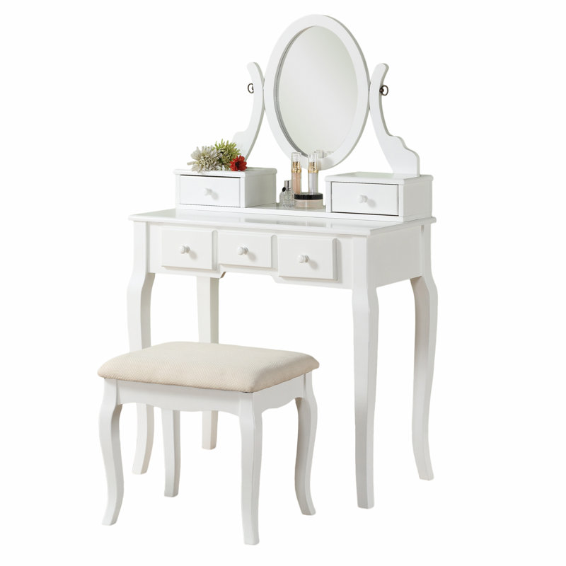 Wood Make-Up Vanity Table And Stool Set, White