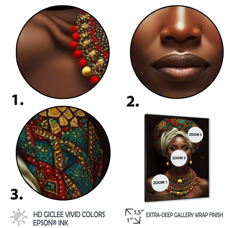 «Elliyah African Queen» avec un collier traditionnel sur toile, H 32 po x l 16 po x P 1 po, Cadre photo noir
