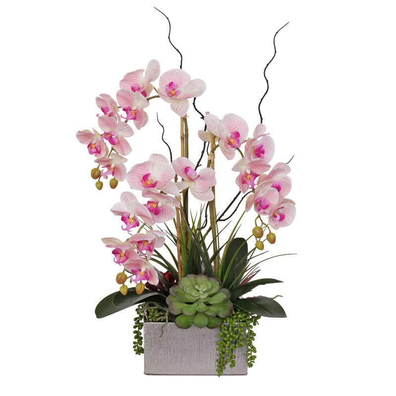 Real Touch Pink Phalaenopsis Orchids And Succulents Flower Arrangement In Square Sliver Etched Ceramic Pot