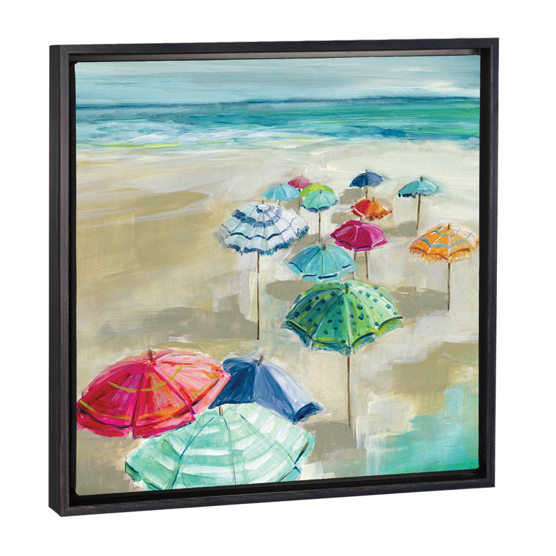Reproduction d’art « Umbrella Beach I » par Carol Robinson, H 37 po x l 37 po x P 1,5 po, Toile avec cadre noir patiné