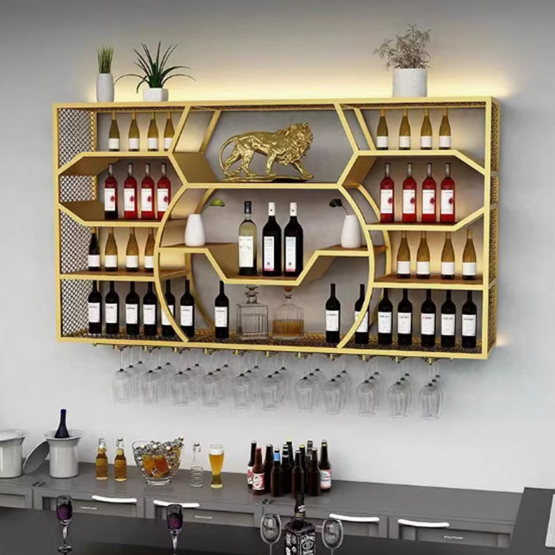 Porte-bouteilles mural polyvalent et élégant, H 47,20 po x l 78,70 po x P 78,70 po, Gold