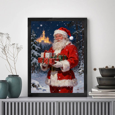 Black Framed Santa Claus Gift Christmas Wall Art Classic Oil Painting Festive Frame Print