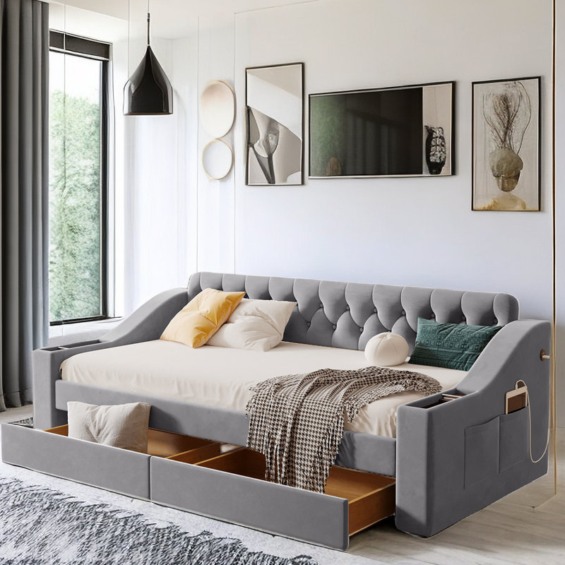 Azekiel Upholstered Tufted Daybed with Two Drawers and USB Ports, Gray