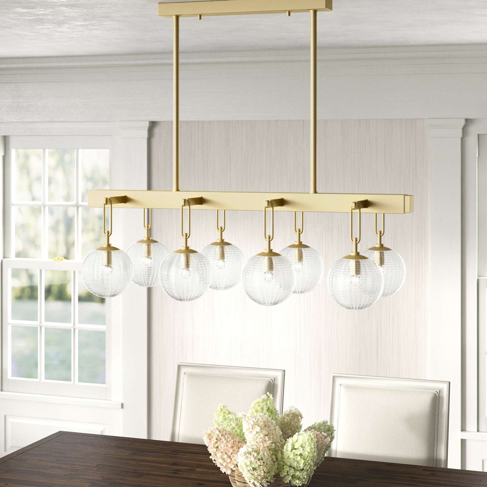 8 Light Glass Dimmable Pendant, Aged Brass