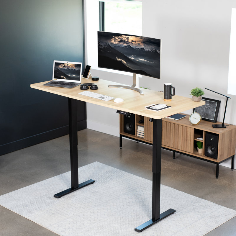 VIVO Single Motor Electric Desk with Push Button Memory Controller, 48.5" H x 71" W x 30" D, Light Wood/Black