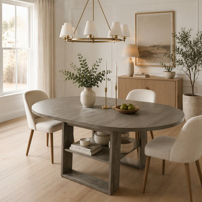 Table de salle à manger extensible ronde à ovale avec rallonge rabattable, base en forme de H et tablette de rangement, Grey