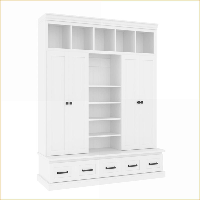 Portemanteaux moderne H 78,7 po avec banc, 5 casiers, 4 portes et amp; 5 tiroirs | Blanc | Panneau de fibres à densité moyenne