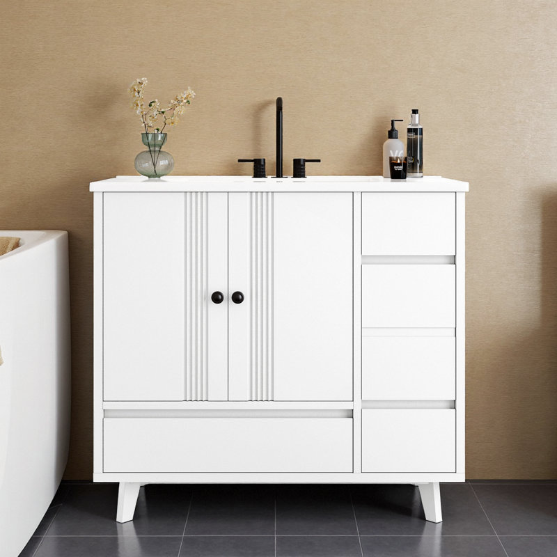 Meuble-lavabo autoportant gris 36 po avec lavabo en céramique, 4 tiroirs et support de rangement latéral, Blanc clair
