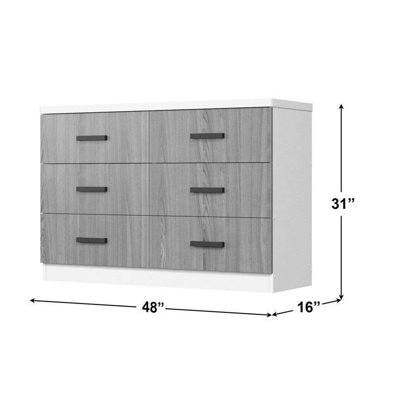 Commode 6 tiroirs Barstis, Blanc / gris