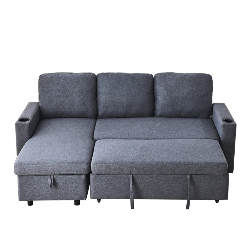 Lit en lin gris foncé, réversible avec rangement pratique et confortable