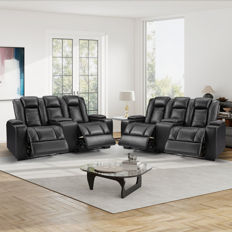 Ensemble de causeuse inclinable électrique moderne en similicuir avec éclairage à DEL, porte-gobelets et console de rangement