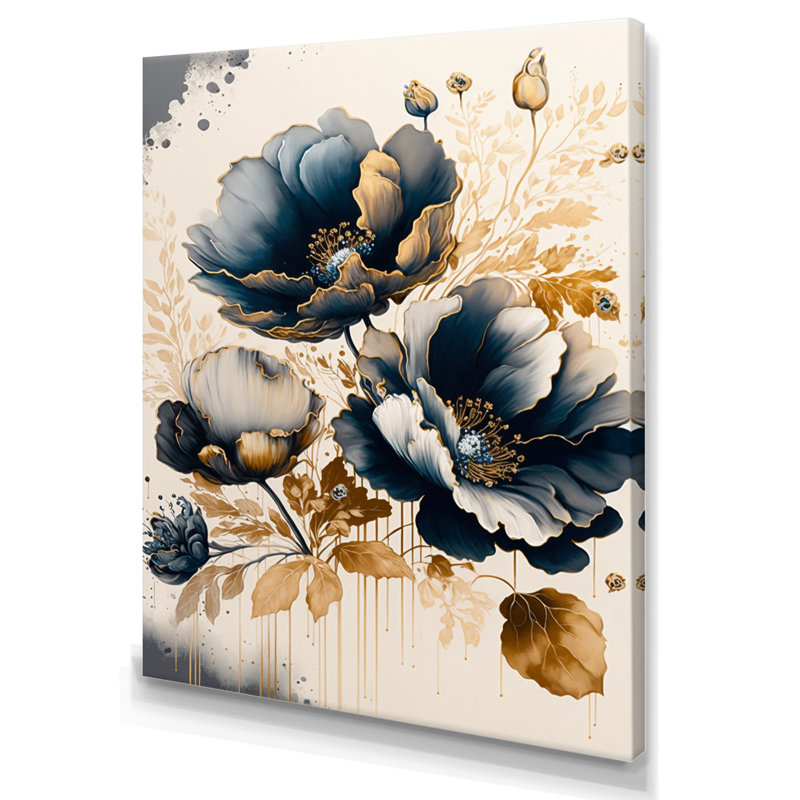 Bleu marine et coquelicots dorés II - reproduction sur toile, H 32 po x l 16 po x P 1 po, Toile tendue