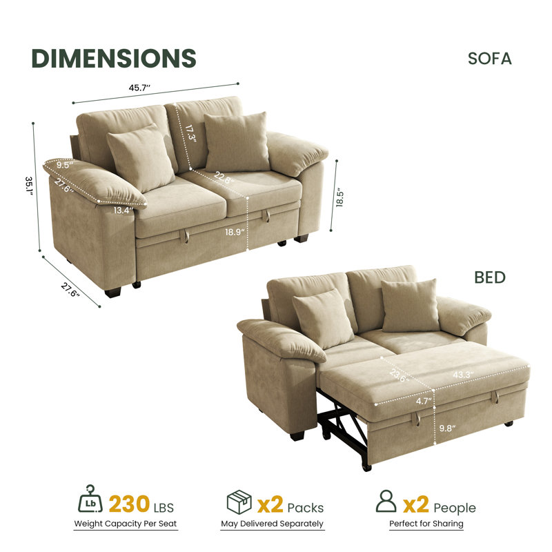 Canapé-lit convertible 61 po avec rangement dissimulé et accoudoirs rembourrés ergonomiques, Brown