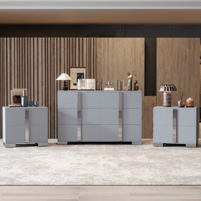 Elegant 3-Piece Bedroom Set With 6-Drawer Dresser & 2 Nightstands, Metal Handles Storage Cabinets For Bedroom And Living Room