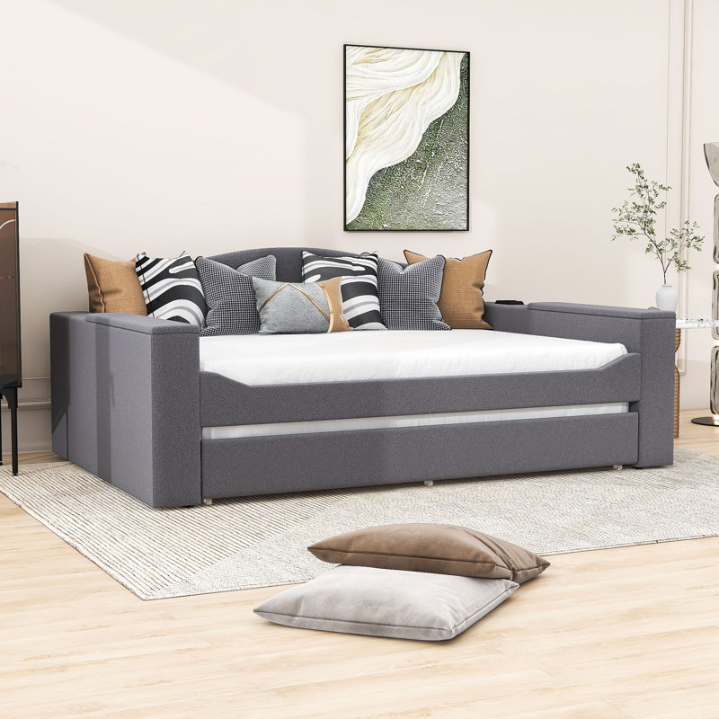 Vaelin Upholstered Daybed with Trundle, Gray, Full / Double