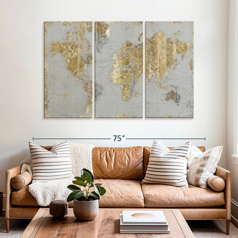 Aliaz Gilded Map Light Gray, 42" H x 65" W