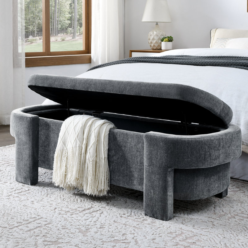 Linen Upholstered Bench with Large Storage Space, Grey